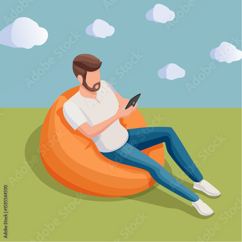 relaxed man using smartphone on a bean bag
