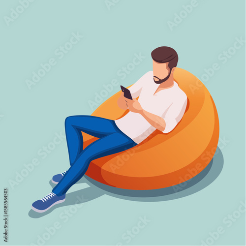 relaxed man using smartphone on a bean bag