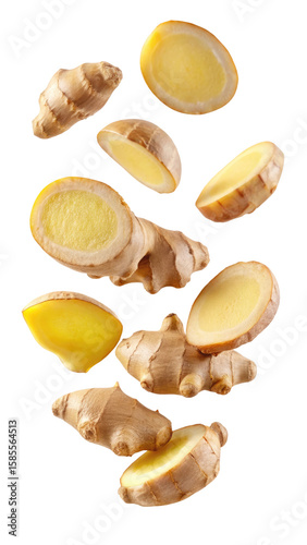 flying ginger and half slices isolated on transparent white background, clipping path