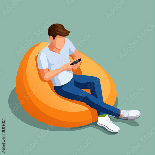 relaxed man using smartphone on a bean bag