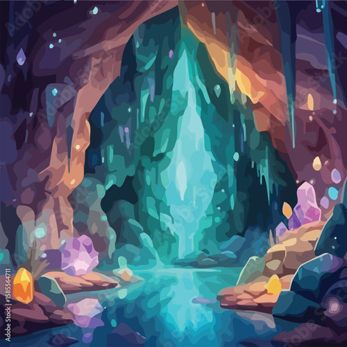An illuminated cave interior featuring a luminous waterfall, crystals, and a reflective pool.