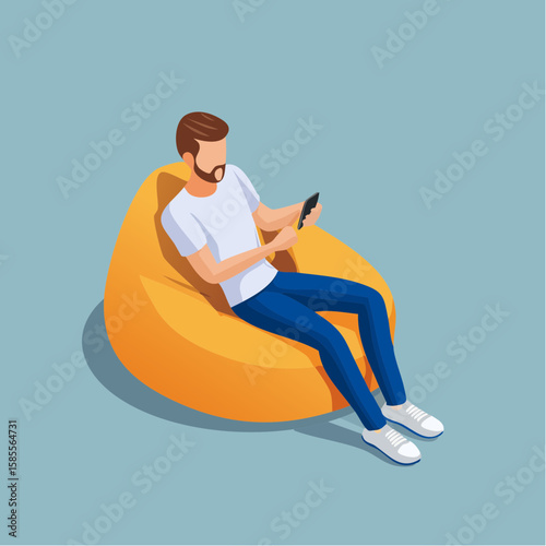 relaxed man using smartphone on a bean bag