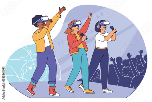  Group of Friends Wearing VR Headsets in a Virtual Reality Environment—Flat Vector 