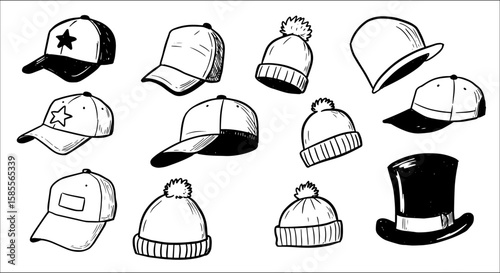 Hand-drawn black and white collection of various hat styles: baseball caps with stars, cozy winter beanies with pom-poms, a classic bowler hat, and an elegant top hat doodle art.