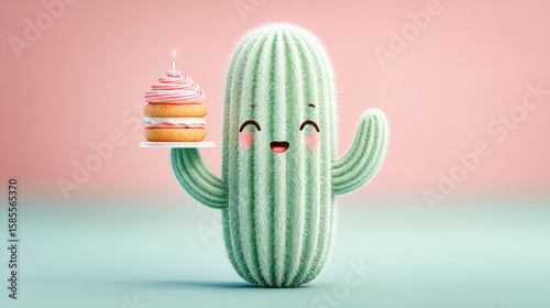 Cactus cartoon, Cartoon cactus celebrates a birthday with a tiny cake in this whimsical image.