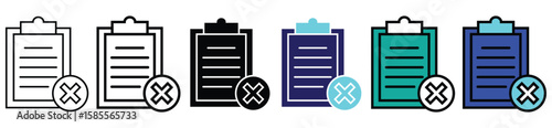 Clipboard with Cancel Icon Set – Rejected Document and Error Symbol Collection in Multiple Styles

