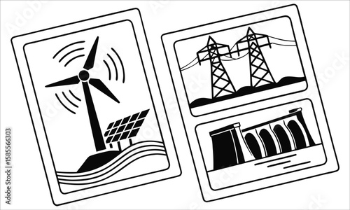 Wind turbine solar panels power lines dam electricity