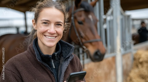 Wallpaper Mural Woman smiling with horse in stable while using smartphone during daylight Torontodigital.ca