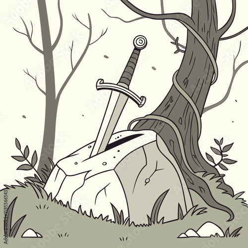 Legendary Sword Embedded in Ancient Stone Surrounded by Forest Foliage