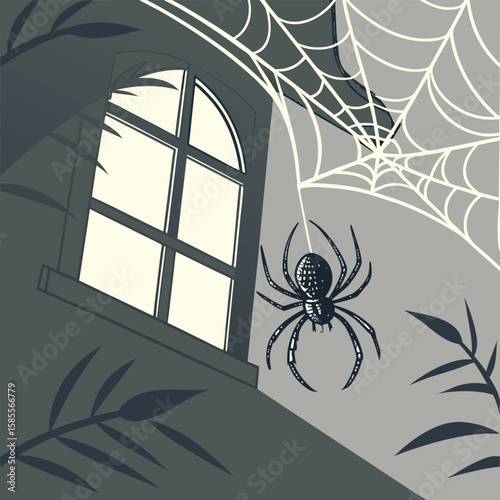 Creepy Spider Hanging Outside Old House Window at Night
