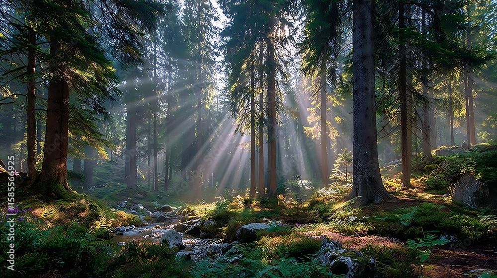 Obraz premium Bold Morning Sunlight Beams Through Forest Trees Scene 