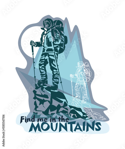 Man on the top of the mountain minimalistic concept for mountain tourism