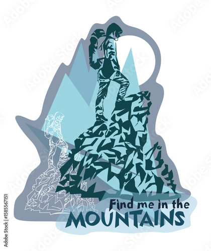 Man on the top of the mountain minimalistic concept for mountain tourism
