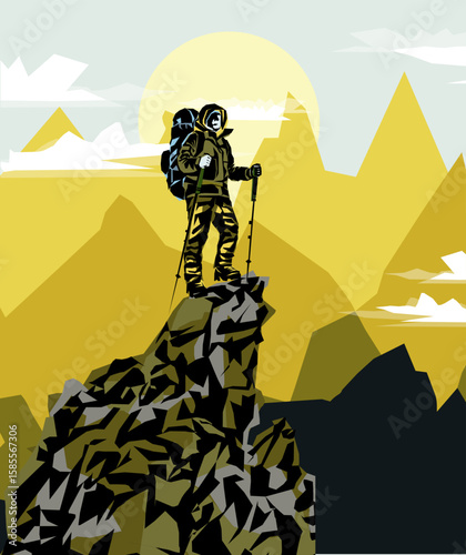 Man on the top of the mountain looks at the beautiful landscape of the mountains.