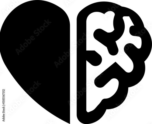 Mental Health Icon Heart and Brain concept, conflict between emotions and rational thinking, teamwork and balance between soul and intelligence. Vector logo or icon design Stylized Icon of Brain