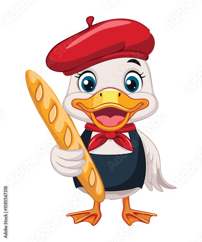 Dapper Duck with Red Beret and Fresh Baguette