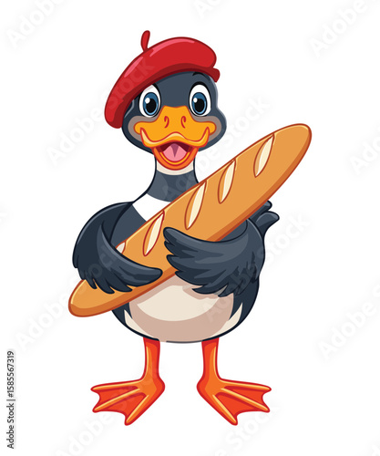 Playful Duck with Red Beret and Fresh Baguette