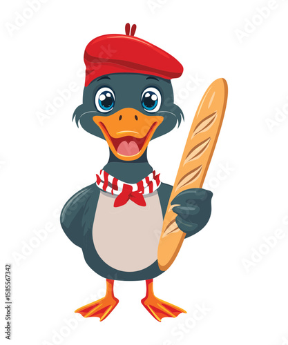 Cheerful Blue Duck with Red Beret and Baguette