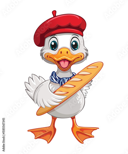 Happy White Duck with Red Beret and Baguette