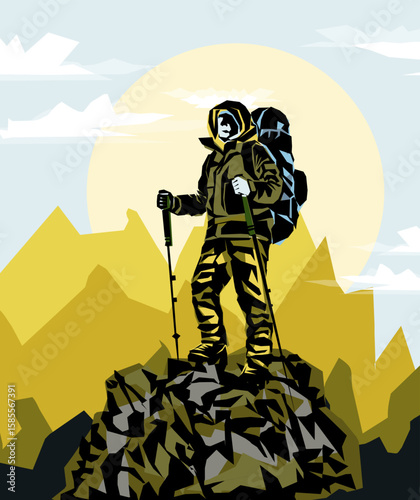 Man on the top of the mountain looks at the beautiful landscape of the mountains.