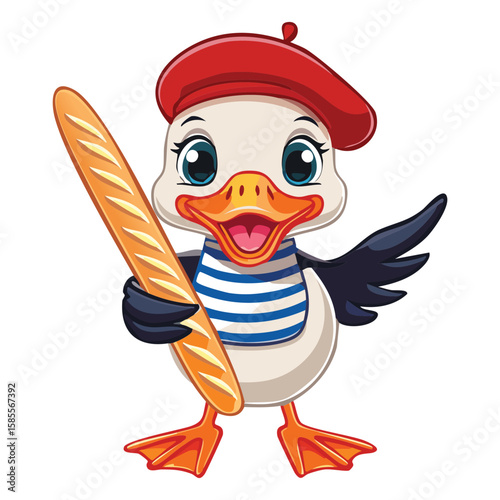 Chic White Duck with Red Beret and Striped Top