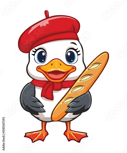 Cute White Duck with Red Beret and Scarf