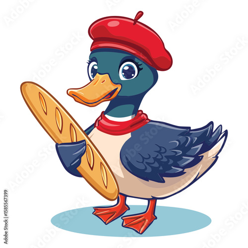Charming Blue Duck with Red Beret and Baguette