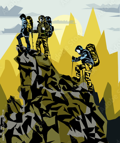 A group of men on the top of the mountain looks at the beautiful landscape of the mountains.