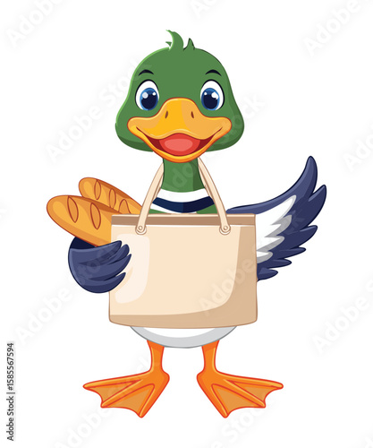 Delightful Duck Holding Baguette in Shopping Bag