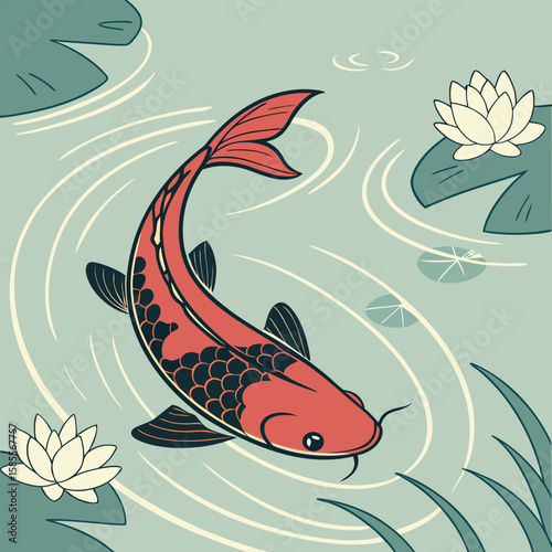 Beautiful Orange Koi Fish Swimming Gracefully in a Serene Pond with Lily Pads and Reeds