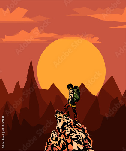 Man on the top of the mountain looks at the beautiful landscape of the mountains.