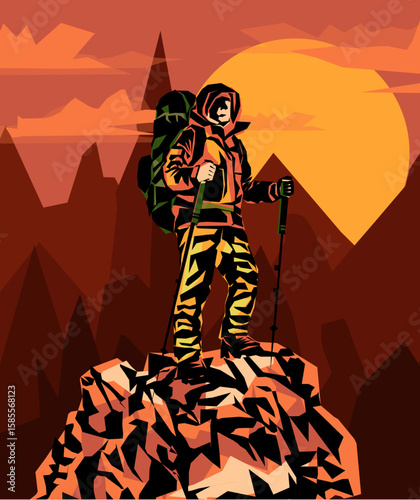 Man on the top of the mountain looks at the beautiful landscape of the mountains.
