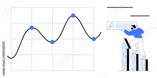 Graph with fluctuating data points and man standing on bar chart holding search bar. Ideal for analytics, growth, performance, strategy, research, optimization, and success insight. Simple flat