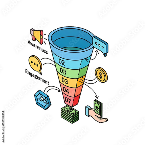 Colorful sales funnel with conversion rate labels.