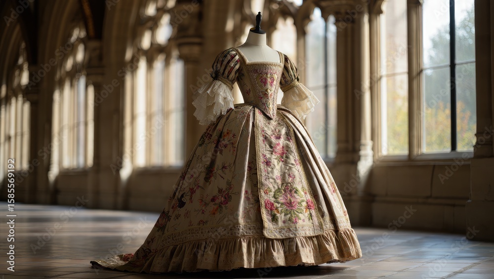 Naklejka premium Elaborate floral gown with ruffled sleeves historical dress