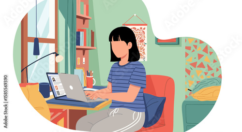 A young woman sits comfortably in her home office, working on her laptop, surrounded by books and plants, illustrating the concept of remote work and modern lifestyle.