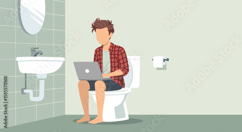A young man is sitting on the toilet in the bathroom, absorbed in his laptop, illustrating modern work habits and the integration of technology.