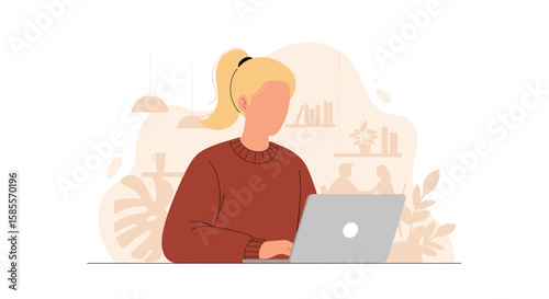 A modern flat vector illustration depicts a blonde woman with a ponytail diligently working on her laptop at a desk in a stylized home office environment.