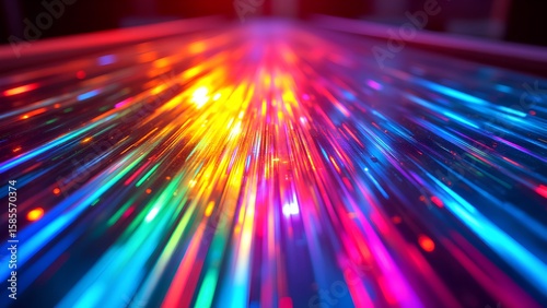 Vibrant multicolored light streaks create a dynamic, futuristic abstract pattern with a sense of motion and depth.
