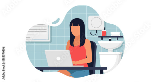 A young woman with dark hair works diligently on her laptop from an unconventional home office setup in a modern bathroom.