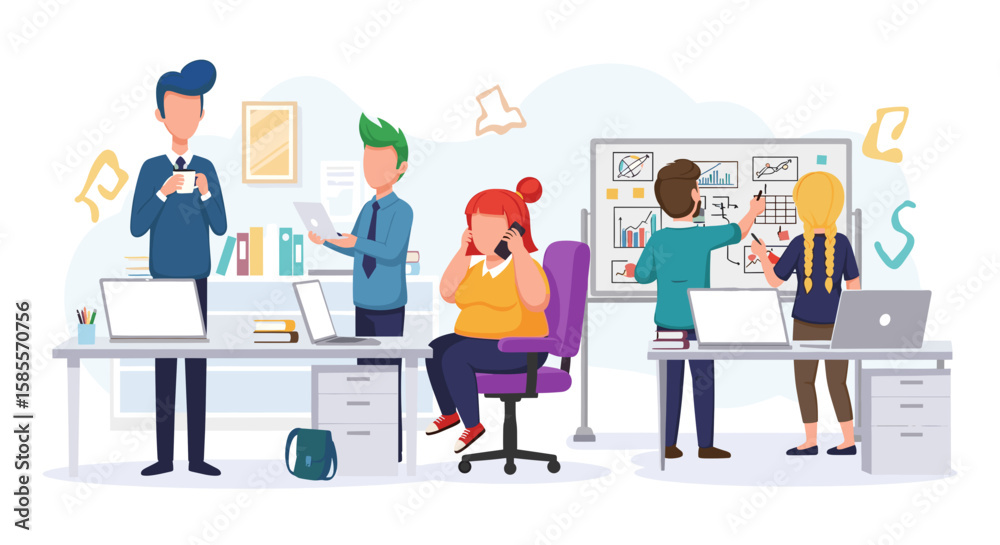 Vector illustration depicts a modern office space with diverse team members collaborating on projects, using laptops, phones, and whiteboards for communication. Vector illustration depicts a modern office space with diverse team members collaborating on projects, using laptops, phones, and whiteboards for communication.