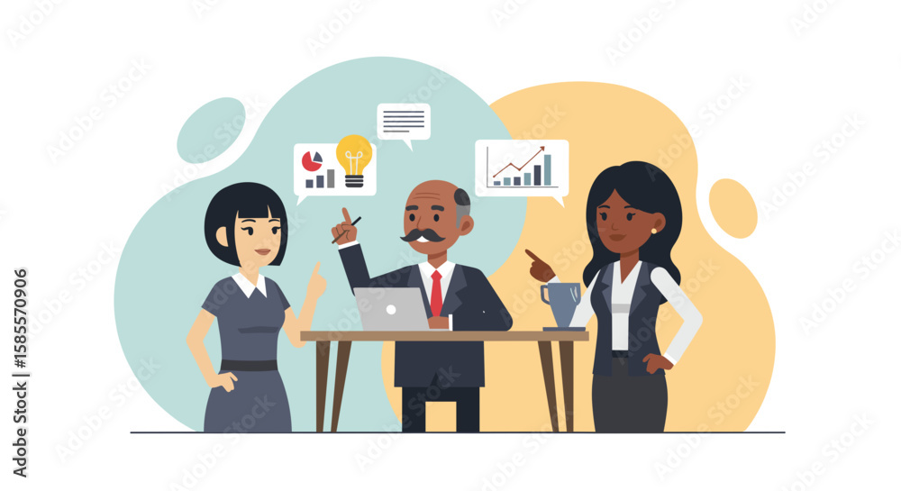 Fototapeta premium A diverse team of business professionals collaborates during a productive meeting, brainstorming new ideas and discussing strategic plans.