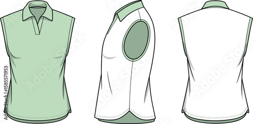 Stylish sleeveless polo shirt, technical fashion CAD drawing, garment vector sketch, flat apparel illustration, clothing blueprint, minimal design outline cad drawing flat vector illustration