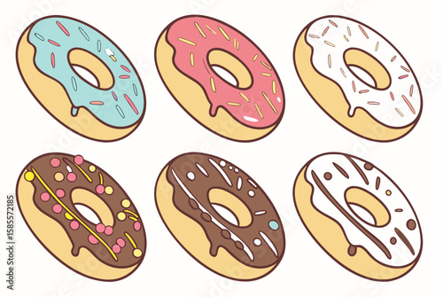 Colorful Frosted Donuts Vector Set – Cute Glazed Donut Illustration with Sprinkles in Pink, Blue, Chocolate, and Vanilla on Plain Background for Bakery, Cafe, and Dessert Design Projects

