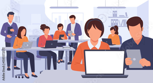 A diverse group of business professionals working together in a modern office setting, utilizing laptops and tablets for collaborative projects and tasks.