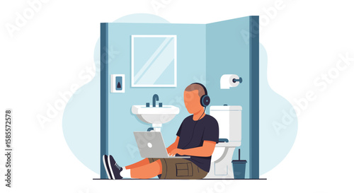 A young man wearing headphones sits on the floor in the bathroom with a laptop, working remotely in an unusual, humorous, and isolated environment.
