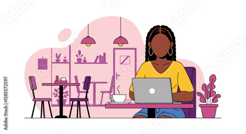 A young Black woman with braided hair works diligently on her laptop at a cozy cafe table, enjoying a warm beverage in a modern, flat illustration style.
