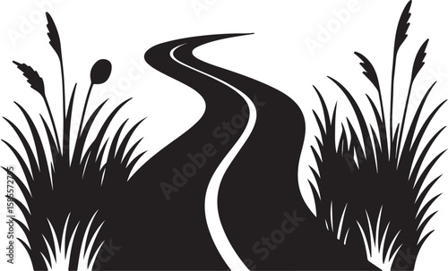 "Curved Country Road Pathway with Grass Silhouette Icon"

