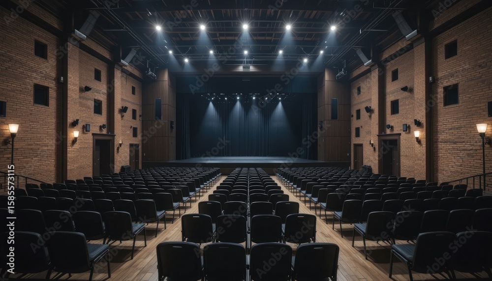 Naklejka premium Empty theater stage with rows of dark seats auditorium