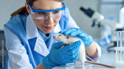Scientist examining white rat in laboratory